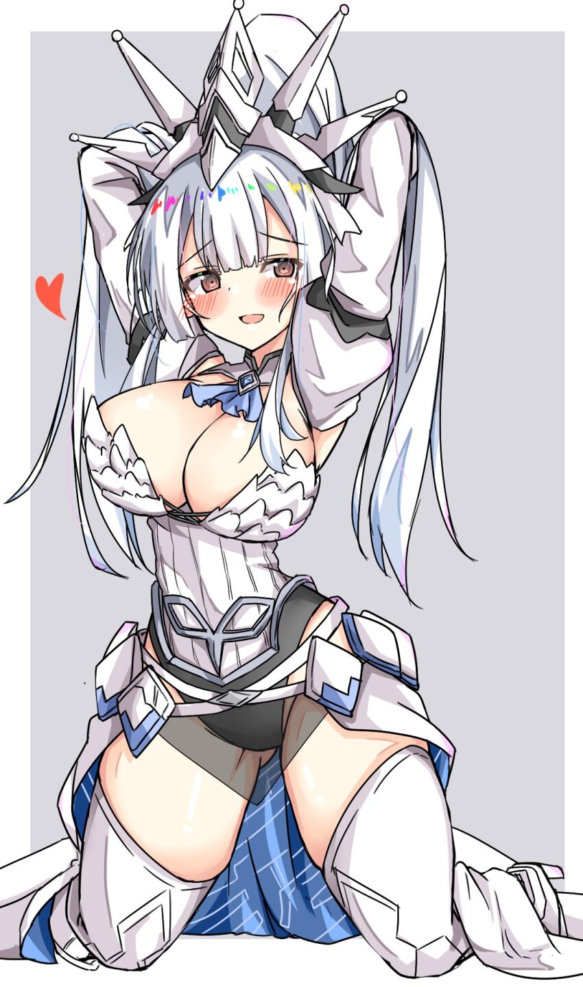 1girl, arms_behind_head, blush, breasts, brown_eyes, cleavage, crown, dress