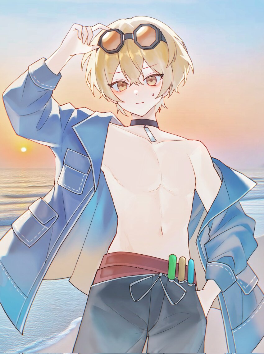 1boy, beach, bishounen, black_choker, black_pants, blonde_hair, blue_jacket, buhuaixiaoguai, choker, closed_mouth, collarbone, cowboy_shot, eyewear_on_head, goggles, goggles_on_head, hair_between_eyes, hand_in_pocket, hand_up, highres, jacket, jewelry, limbus_company, long_sleeves, looking_at_viewer, male_focus, midriff, navel, official_alternate_costume, open_clothes, open_jacket, pants, project_moon, short_hair, sinclair_(project_moon), sky, smile, solo, standing, stomach, sweat, topless_male, yellow_eyes