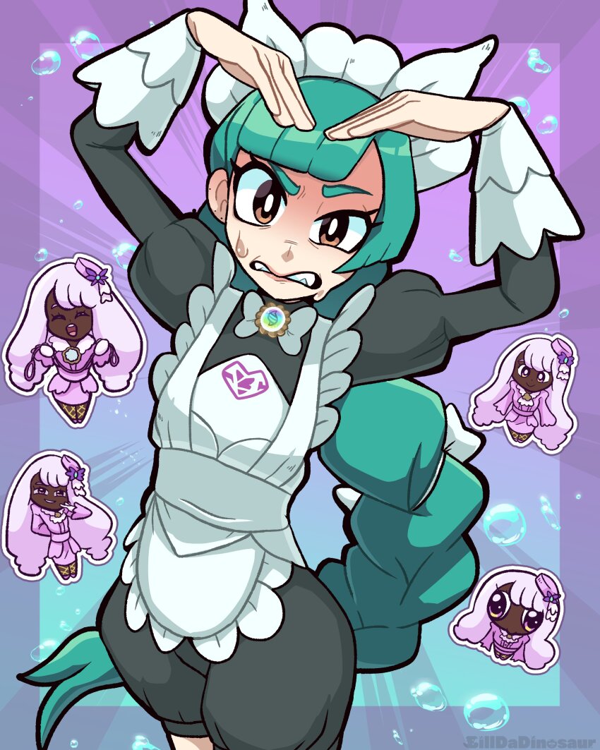 2girls, absurdres, apron, ascot, billdadinosaur, black_romper, bow, bowtie