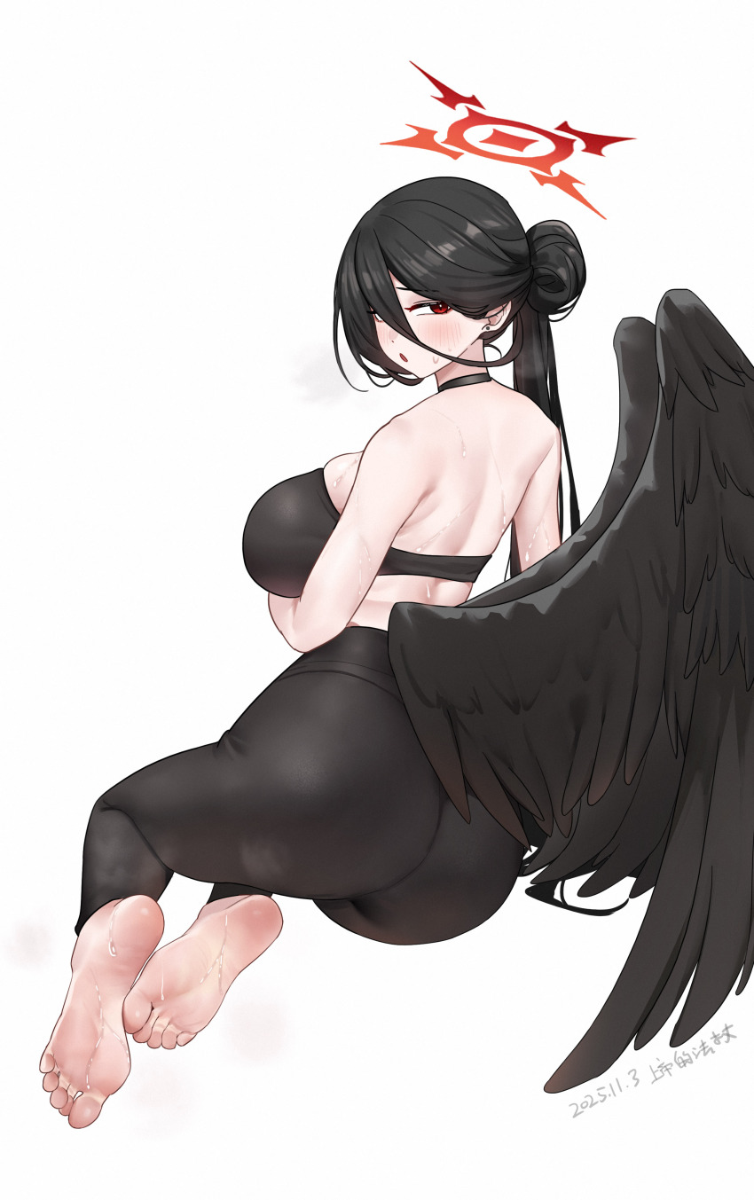 1girl, absurdres, ass, barefoot, black_hair, black_wings, blue_archive, blush