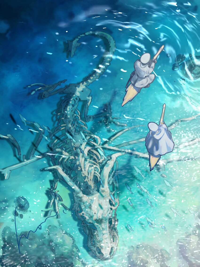 2boys, absurdres, animal_skeleton, bone, broom, broom_riding, cape, fish