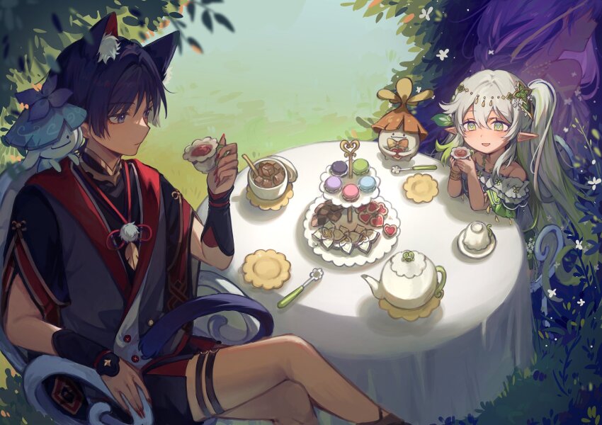 1boy, 2girls, adapted_costume, alternate_costume, alternate_skin_color, animal_ear_fluff, animal_ears, aranara_(genshin_impact)