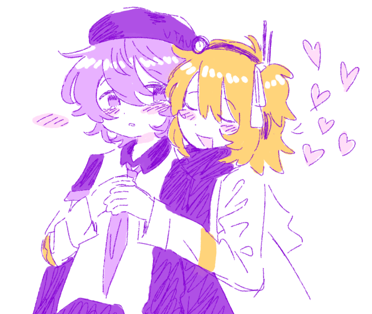 2girls, a.i._voice, adachi_rei, adricheri, gloves, heart, hug, hug_from_behind