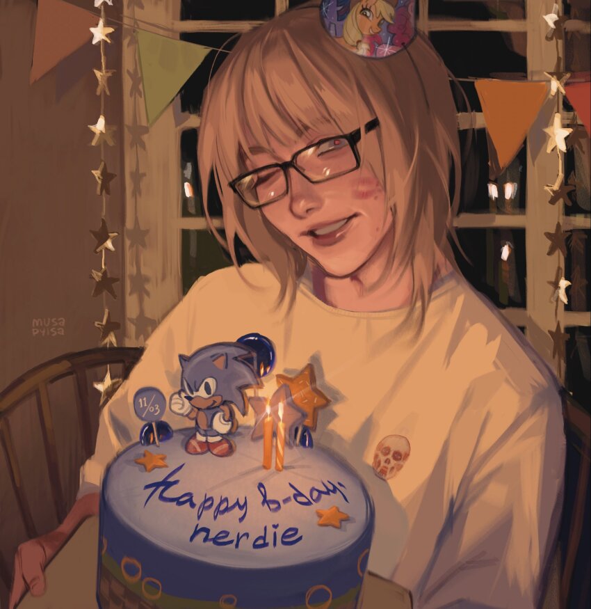 1boy, alternate_costume, armin_arlert, birthday_cake, birthday_date, birthday_party, black-framed_eyewear, blonde_hair, cake, commentary, english_commentary, food, glasses, grin, happy, happy_birthday, highres, holding, holding_cake, holding_food, lips, lipstick_mark, lipstick_mark_on_face, looking_at_viewer, male_focus, medium_hair, mismatched_eyebrows, musapylsa, nose, one_eye_closed, rectangular_eyewear, shingeki_no_kyojin, smile, solo, sonic_(series), sonic_the_hedgehog, teeth, upper_body
