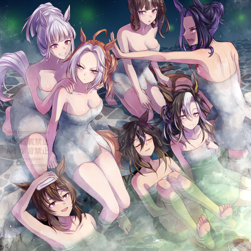 6+girls, animal_ears, bare_shoulders, barefoot, breasts, brown_hair, closed_eyes, dream_journey_(umamusume)