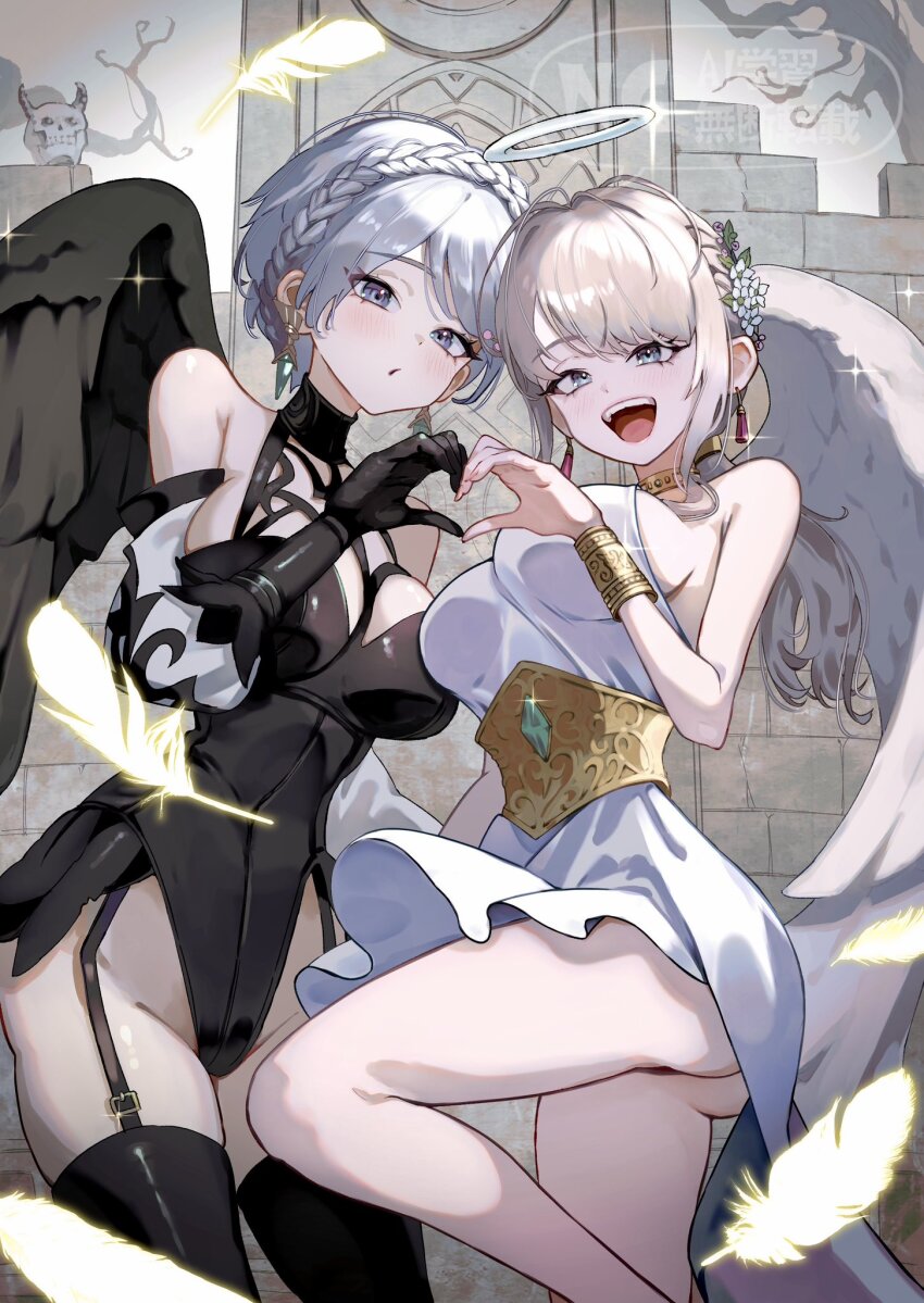 2girls, :d, alternate_costume, angel, angel_wings, ass, bare_shoulders, black_gloves, black_leotard, black_thighhighs, black_wings, bracelet, braid, breasts, choker, commentary_request, crown_braid, dragon_quest, dragon_quest_x, dress, earrings, euriza_(dq10), feathered_wings, feathers, flower, garter_straps, gloves, gold_choker, grey_eyes, grey_pantyhose, hair_flower, hair_ornament, halloween, halloween_costume, halo, heart, heart_hands, heart_hands_duo, highres, jewelry, knee_up, large_breasts, lectalys, leotard, looking_at_viewer, low_ponytail, multiple_girls, numao_sub, open_mouth, pantyhose, ponytail, short_hair, sideboob, skull, smile, thighhighs, white_dress, white_hair, white_halo, white_wings, wings