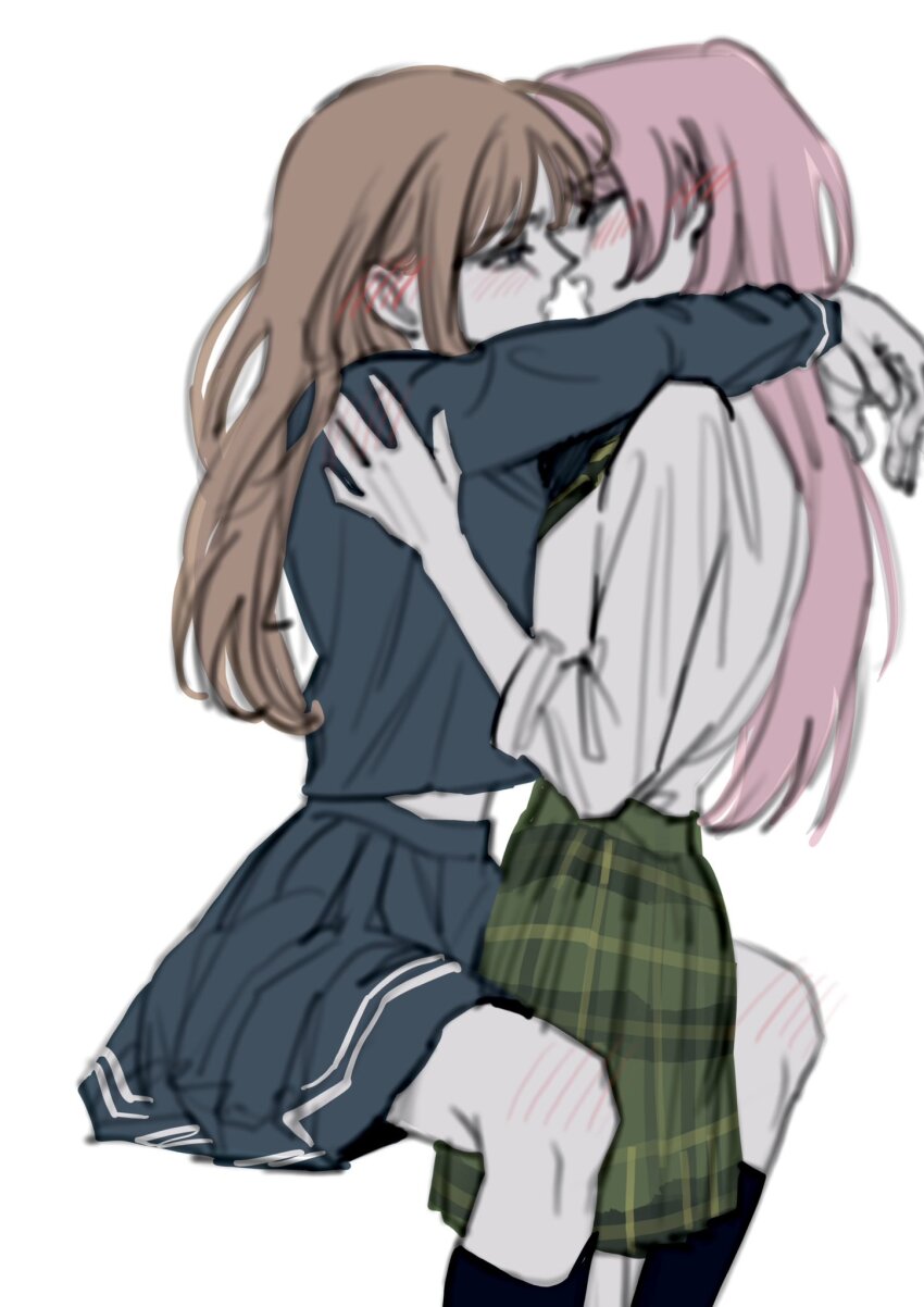 12thfog, 2girls, arms_around_neck, bang_dream!, bang_dream!_it's_mygo!!!!!, between_legs, blue_shirt, blue_skirt