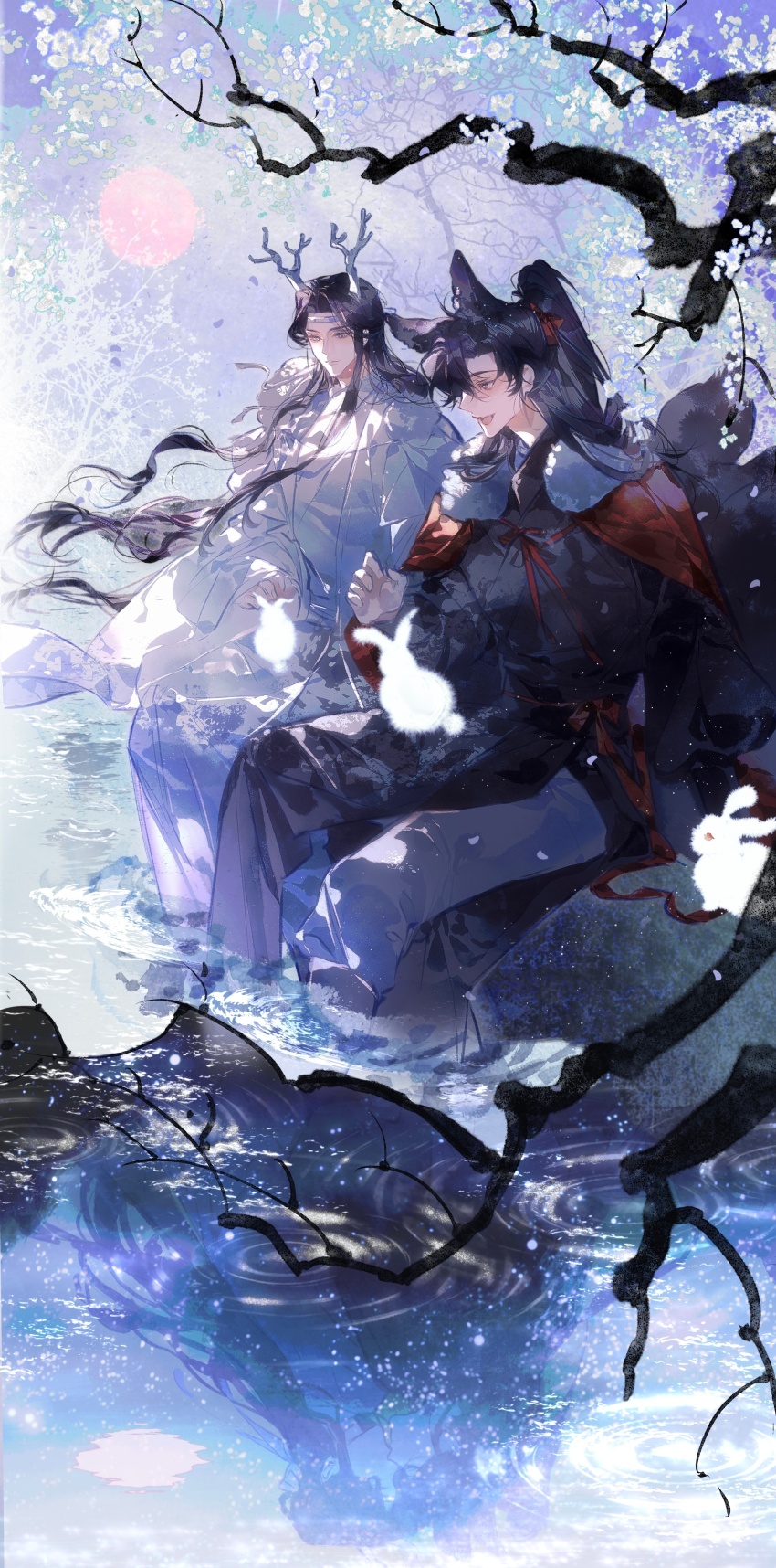 2boys, absurdres, ahoge, animal, animal_ears, animal_on_lap, bishounen, black_hair