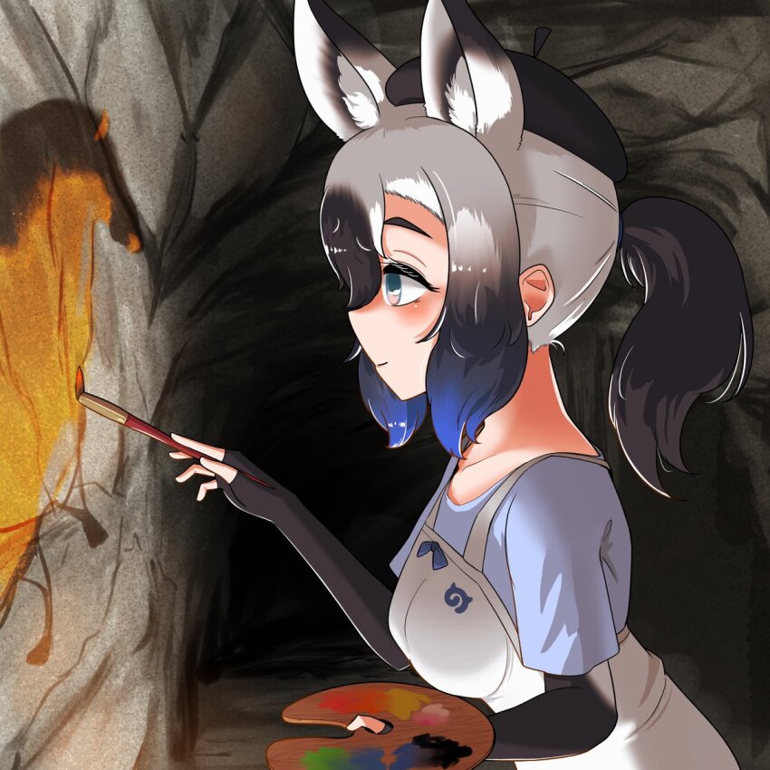 1girl, animal_ears, apron, beret, black_gloves, black_hair, black_hat, blue_hair