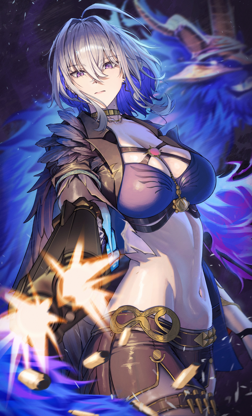 1girl, absurdres, aiming, aiming_at_viewer, black_jacket, black_shorts, black_wings, blue_bra