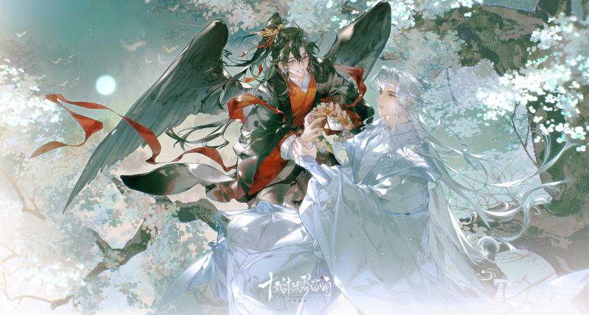 2boys, absurdres, ahoge, alternate_costume, alternate_hair_color, alternate_hairstyle, bird, bird_wings