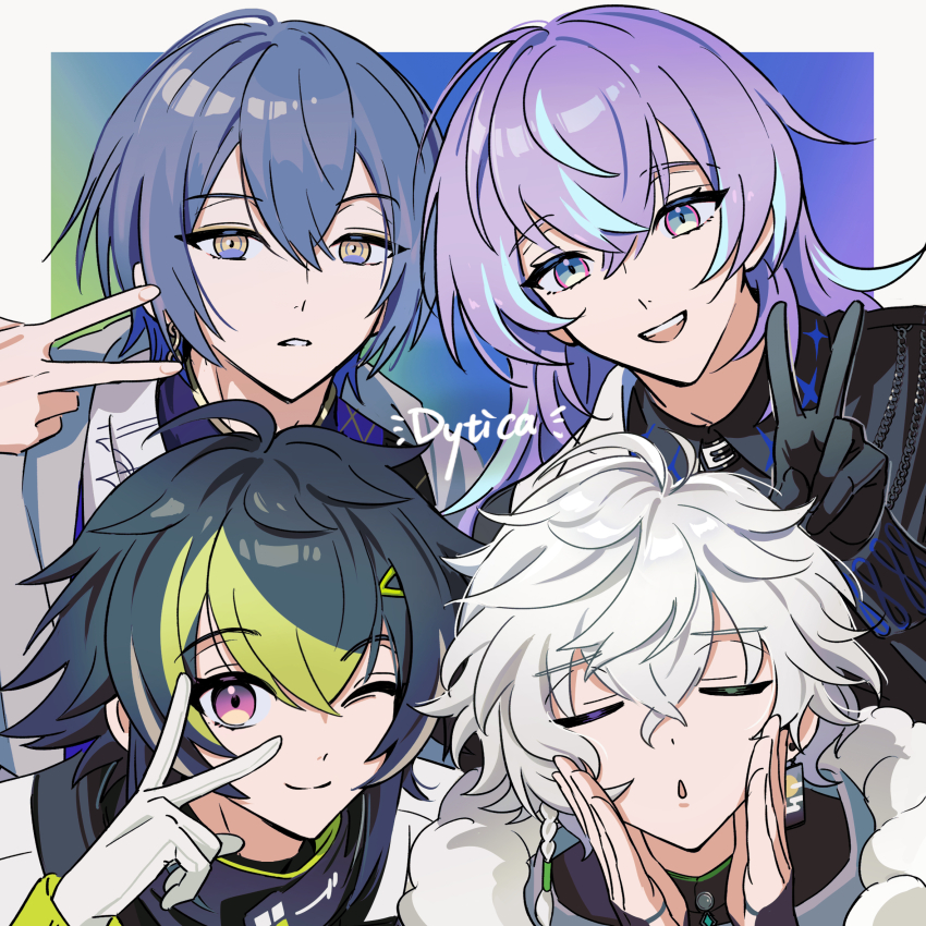 4boys, :o, ahoge, attsei, black_gloves, black_jacket, blue_background, blue_eyes