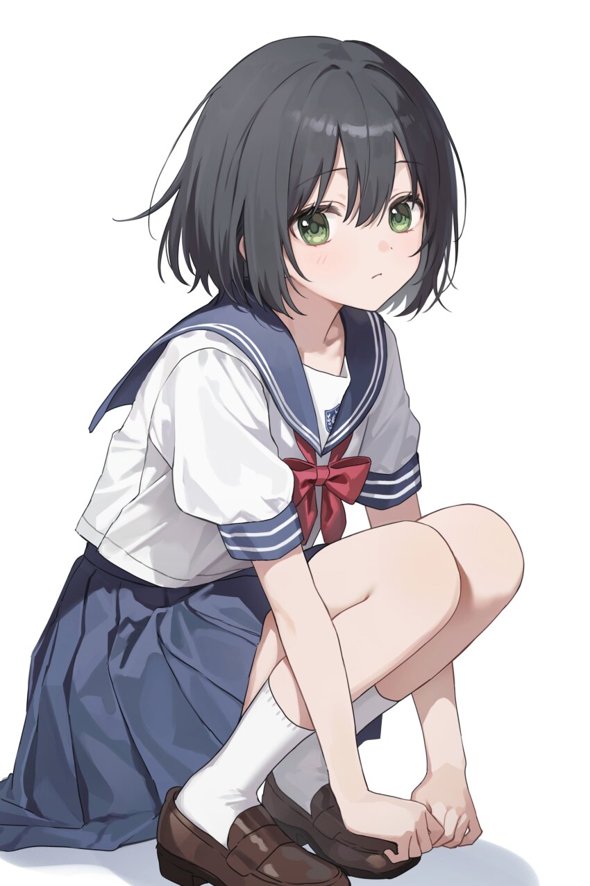 1girl, absurdres, aoi_saki_(senpai_wa_otokonoko), as4_s2, black_hair, blue_sailor_collar, blue_skirt, blush, breasts, brown_shoes, closed_mouth, collarbone, dot_nose, female_focus, flat_chest, highres, legs, looking_at_viewer, medium_hair, miniskirt, neckerchief, pleated_skirt, red_neckerchief, sailor_collar, school_uniform, senpai_wa_otokonoko, serafuku, shoes, short_sleeves, simple_background, sitting, skirt, small_breasts, socks, solo, thighs, white_background, white_serafuku, white_socks