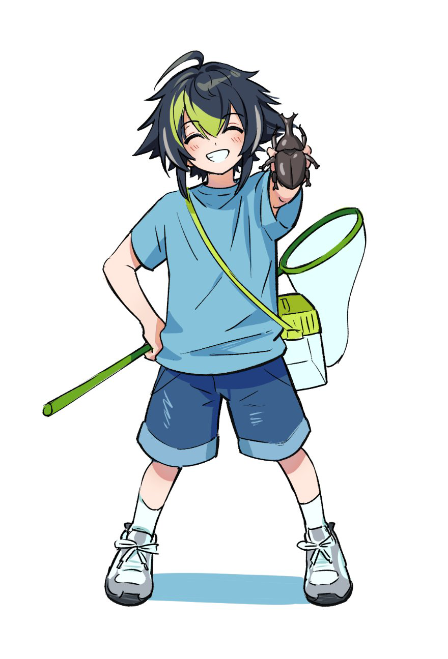 1boy, aged_down, ahoge, attsei, beetle, black_hair, blue_shirt, blue_shorts