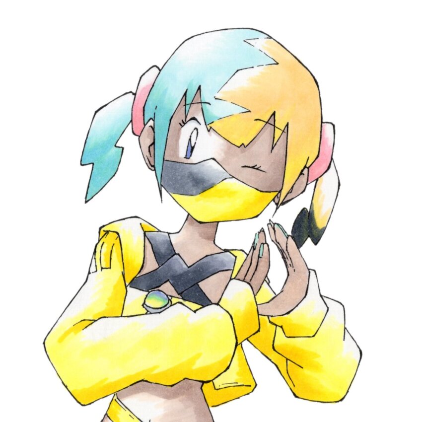 1girl, aqua_hair, bandeau, blonde_hair, canari_(pokemon), crop_top, dark_skin, dora_mentaiko