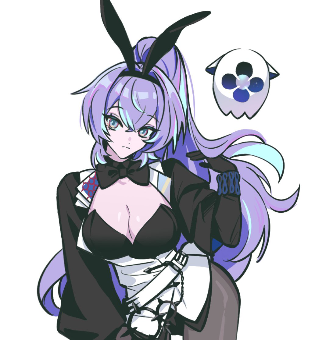 1girl, animal_ears, attsei, black_bow, black_bowtie, black_gloves, black_jacket, blue_hair