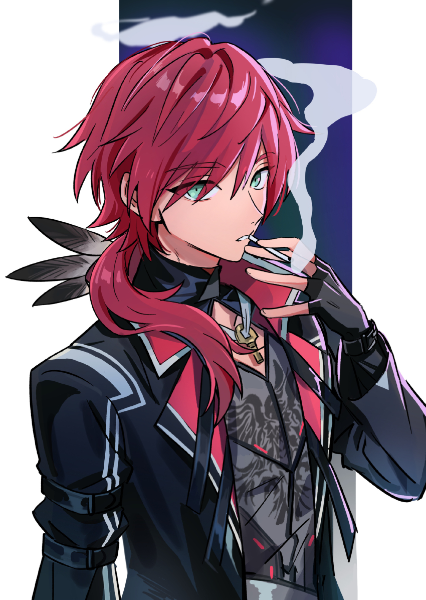 1boy, absurdres, attsei, black_coat, black_feathers, black_gloves, blue_background, cigarette