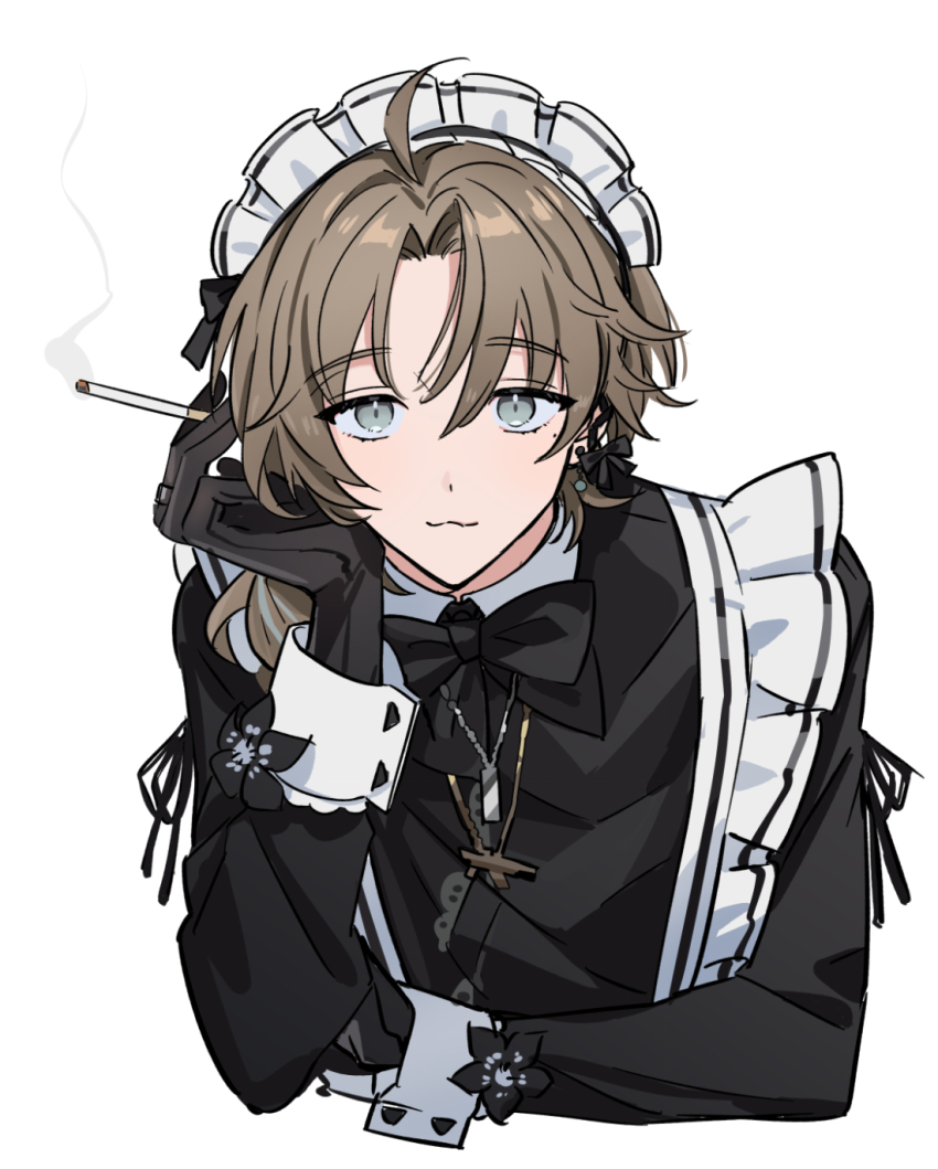 1boy, :3, apron, arm_support, attsei, black_bow, black_bowtie, black_gloves