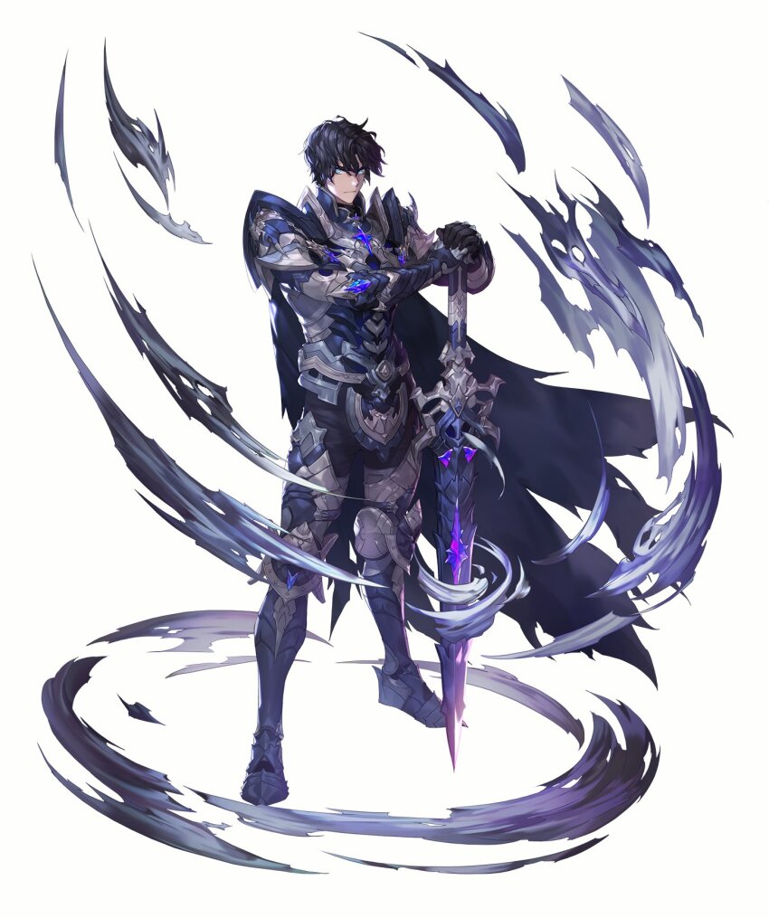 1boy, armor, armored_boots, artist_request, black_armor, black_cape, black_hair, black_pants