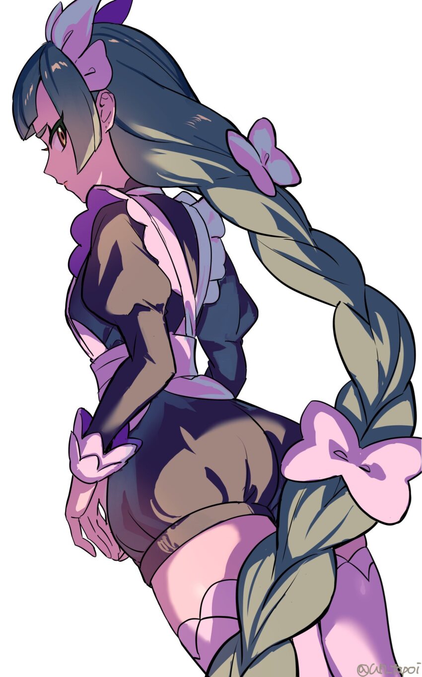 1girl, apron, bow, braid, brown_eyes, closed_mouth, commentary, green_hair