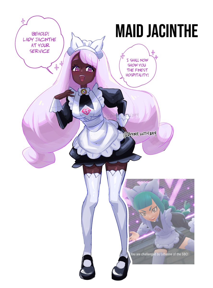 2girls, apron, black_romper, blush, braid, braided_ponytail, breasts, cosplay, dark-skinned_female, dark_skin, english_text, game_screenshot_inset, green_hair, highres, jacinthe_(pokemon), lebanne_(pokemon), lebanne_(pokemon)_(cosplay), long_hair, long_sleeves, looking_at_viewer, maid, maid_apron, maid_headdress, medium_breasts, multiple_girls, nintendo, open_mouth, pokemon, pokemon_legends:_z-a, puffy_sleeves, purple_eyes, purple_hair, rhymewithray, romper, smile, speech_bubble, thighhighs, very_dark_skin, white_thighhighs