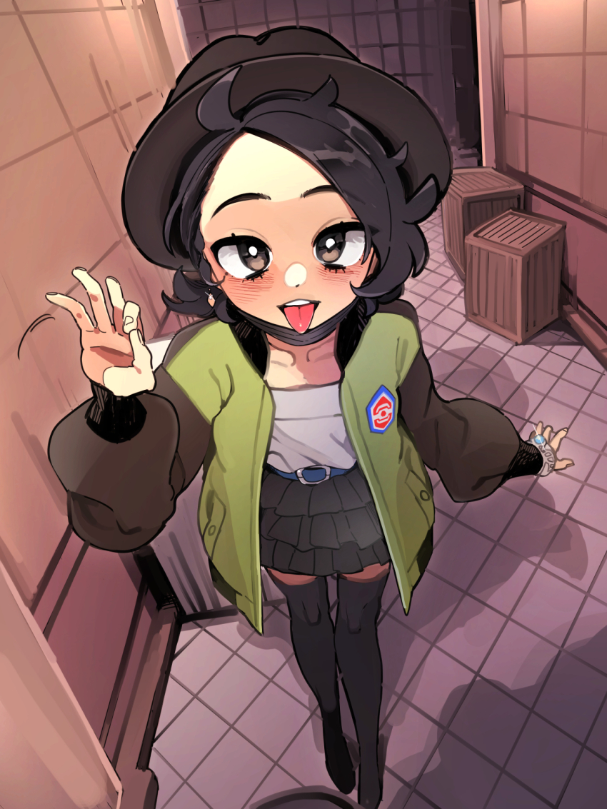 1boy, alley, black_hair, black_skirt, black_thighhighs, blush, box, brown_eyes