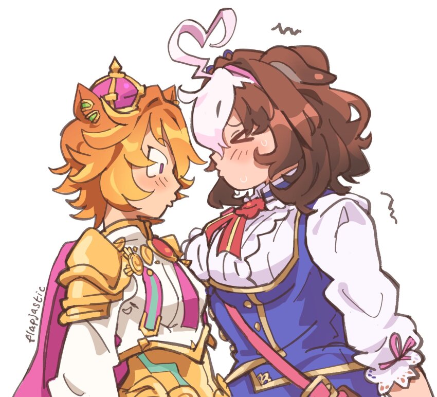 >_<, 2girls, ahoge, animal_ears, armor, bag, between_breasts, blue_dress