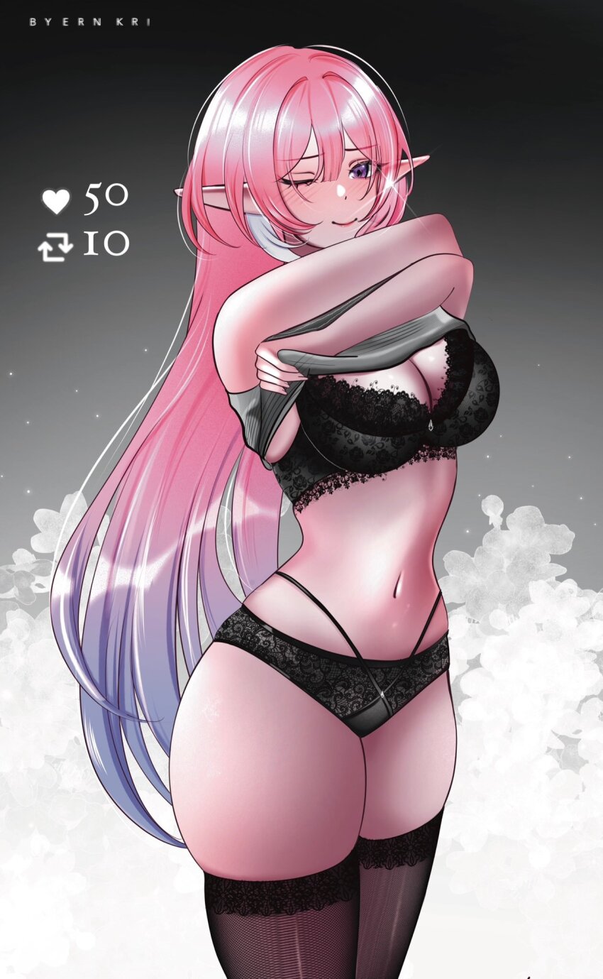 1girl, artist_name, black_bra, black_panties, black_thighhighs, blue_hair, bra, breasts