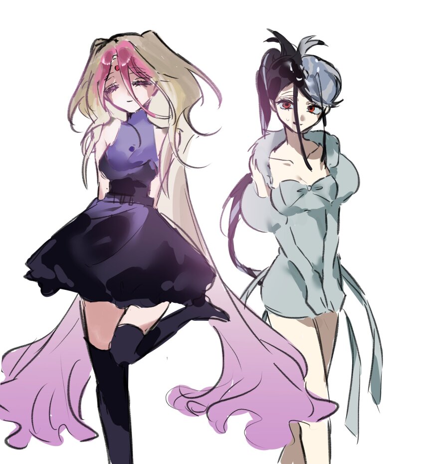 2girls, alien_stage, black_dress, black_hair, black_thighhighs, blonde_hair, commentary, dobugi221833