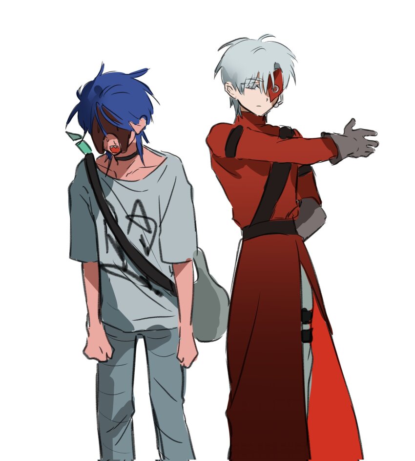 2boys, alien_stage, blue_hair, closed_mouth, coat, commentary, dobugi221833, fusion