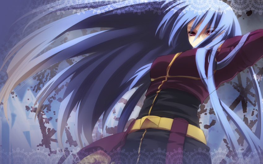 1girl, belt, blue_hair, bodysuit, breasts, female_focus, kula_diamond, long_hair, looking_down, medium_breasts, miyako910724, red_eyes, snk, solo, the_king_of_fighters
