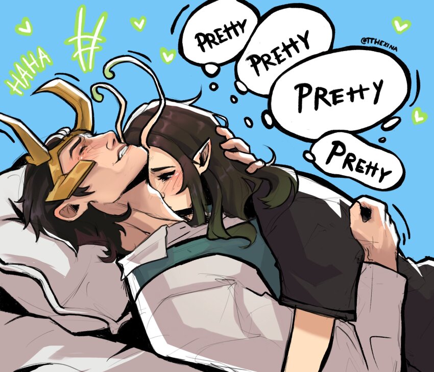 1boy, 1girl, alien, antennae, aqua_vest, black_eyes, black_hair, blue_background, blush, closed_eyes, commentary, couple, english_commentary, english_text, fake_horns, grin, guardians_of_the_galaxy, hetero, highres, horned_headwear, horns, loki_(marvel), loki_(presidential_attire)_(marvel), long_hair, lying_on_person, mantis_(marvel), marvel, marvel_rivals, official_alternate_costume, pillow, pointy_ears, shirt, short_hair, smile, speech_bubble, thor_(marvel)_(series), thought_bubble, tthexina, vest, white_shirt