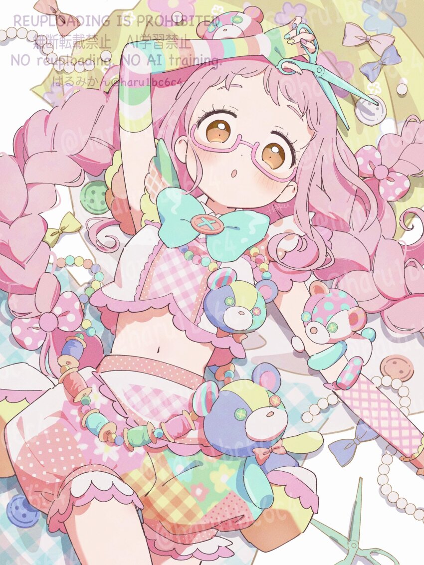 1girl, aqua_bow, aqua_bowtie, bow, bowtie, braid, brooch, brown_eyes