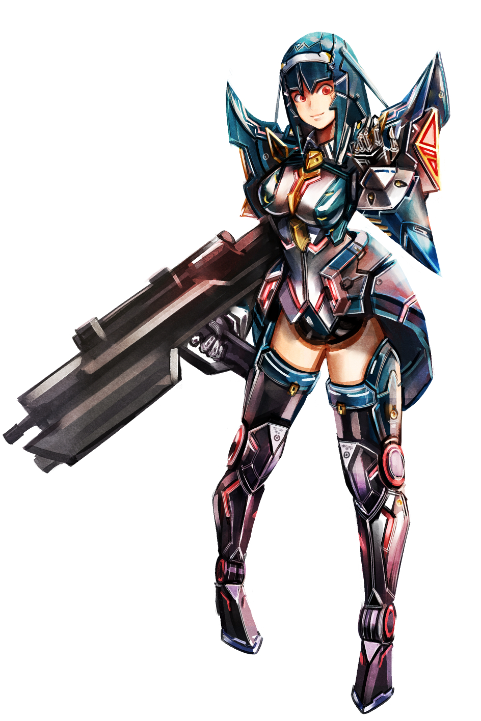 1girl, android, armor, assault_rifle, black_hair, boots, breasts, full_body