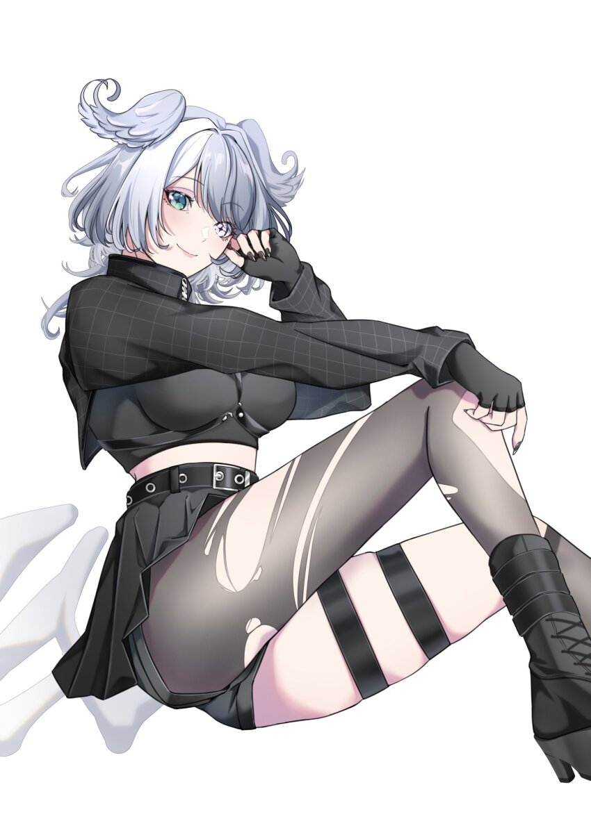 1girl, aqua_eyes, black_jacket, black_nails, black_shirt, black_skirt, blush, breasts