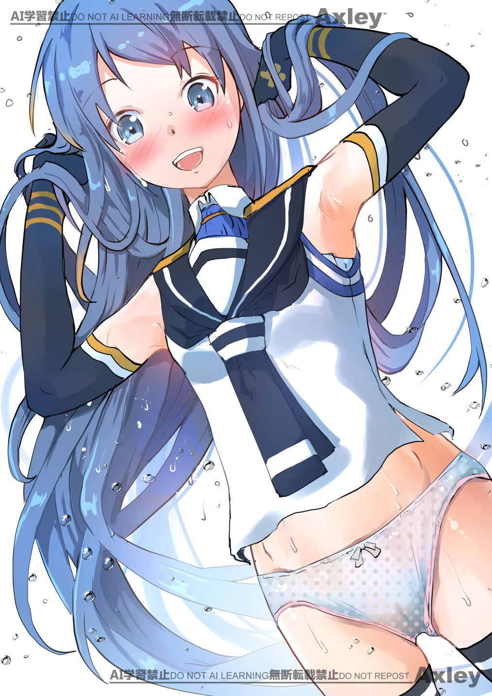 1girl, axley, black_gloves, black_neckerchief, black_sailor_collar, black_thighhighs, blue_eyes, blue_hair