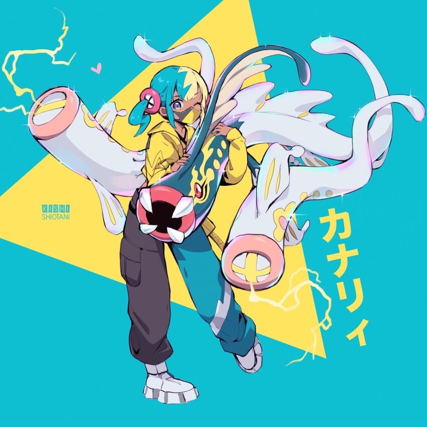 1girl, aqua_hair, bandeau, black_mask, black_pants, blonde_hair, blue_eyes, blue_pants