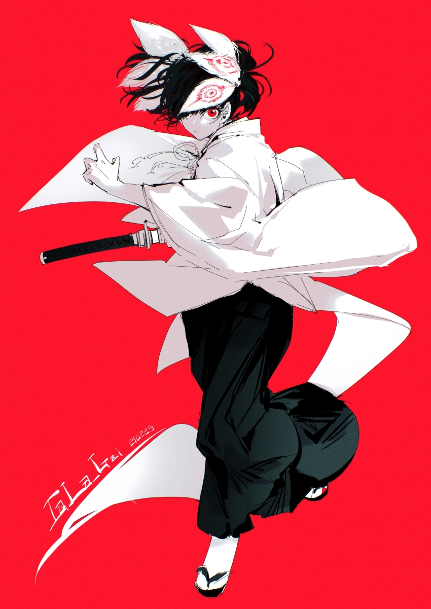 1girl, absurdres, character_request, dated, fighting_stance, floating_clothes, floating_hair, full_body, hair_over_one_eye, hakama, highres, holding, holding_sword, holding_weapon, iaidou, japanese_clothes, kagurabachi, katana, limited_palette, looking_at_viewer, red_background, red_eyes, sandals, signature, simple_background, solo, standing, sword, tabi, twintails, weapon, whalebone_1022