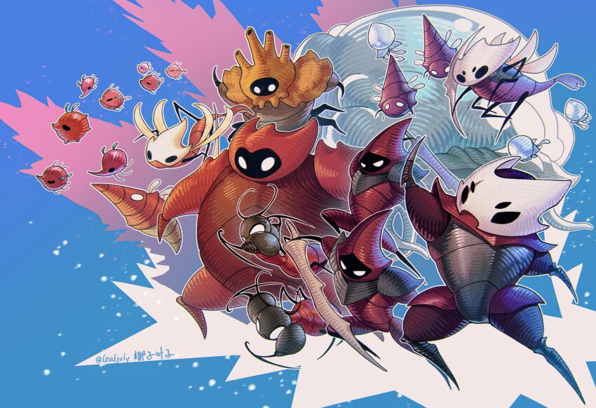 absurdres, alita_(hollow_knight), arthropod_boy, black_eyes, bone_weapon, colored_skin, conchfly_(hollow_knight), corrcrust_karaka_(hollow_knight), crust_king_khann_(hollow_knight), extra_eyes, flying, highres, holding, holding_weapon, hollow_eyes, hollow_knight, hollow_knight:_silksong, horned_mask, kai_(hollow_knight), kakri_(hollow_knight), karak_gor_(hollow_knight), karaka_(hollow_knight), leafjuly, mask, red_skin, scar, scar_across_eye, scar_on_face, spinebeak_kai_(hollow_knight), steelspine_kai_(hollow_knight), twitter_username, weapon, white_eyes, white_mask, yago_(hollow_knight), yuma_(hollow_knight), yumama_(hollow_knight)