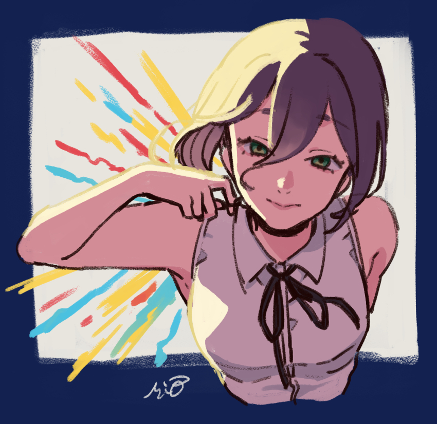 1girl, black_choker, black_ribbon, chainsaw_man, choker, closed_mouth, green_eyes, grenade_pin