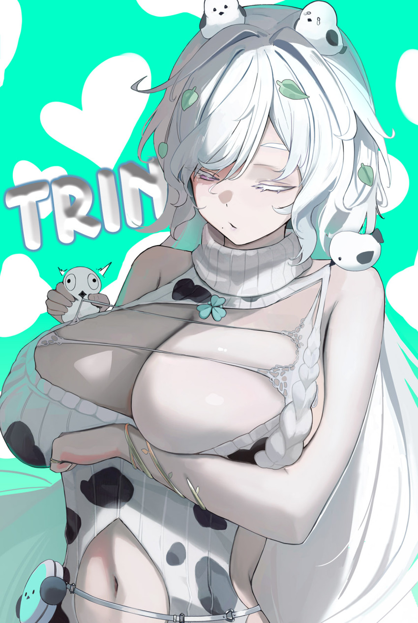 1girl, animal, animal_on_head, arm_under_breasts, bird, bird_on_head, breasts, character_name