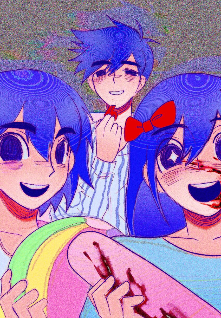 1girl, 2boys, antenna_hair, aubrey_(headspace)_(omori), aubrey_(omori), ball, baseball_bat, blood, bloody_weapon, blue_shirt, blush, bow, brothers, collarbone, double-parted_bangs, film_grain, hair_between_eyes, hair_bow, hero_(headspace)_(omori), hero_(omori), highres, holding, holding_ball, holding_baseball_bat, holding_whistle, kel_(headspace)_(omori), kel_(omori), long_hair, looking_at_viewer, lyuz_(justtoseemeplea), multiple_boys, omori, open_mouth, parted_lips, purple_eyes, purple_hair, red_bow, scene_reference, shirt, short_hair, siblings, smile, t-shirt, teeth, upper_teeth_only, weapon, whistle