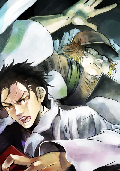 2boys, black_hair, brown_eyes, brown_hair, cellphone, glasses, haimi, hashida_itaru