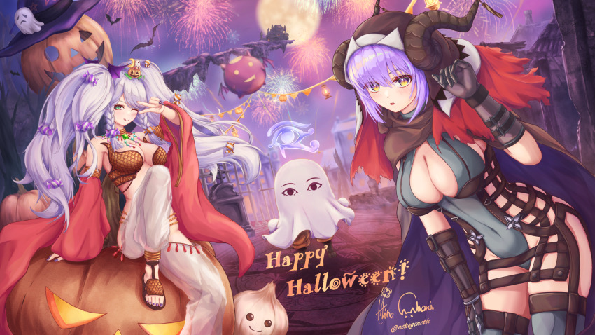 1boy, 2girls, aerial_fireworks, bikini, braid, breasts, brown_bikini, brown_coif, brown_sandals, candy, cleavage, cleavage_cutout, closed_mouth, clothing_cutout, coif, commentary_request, covered_navel, detached_sleeves, deviruchi, egyptian_mythology, feet_out_of_frame, fence, fireworks, food, full_moon, garlic, garling_(ragnarok_online), gloves, grey_gloves, grey_hair, grey_leotard, grey_thighhighs, gypsy_(ragnarok_online), halloween, happy_halloween, harem_pants, highres, house, in-universe_location, jack-o'-lantern, large_breasts, leaning_forward, leotard, long_hair, looking_at_viewer, medium_breasts, medjed_(mythology), moon, multiple_girls, nekogenetic, night, one_eye_closed, open_mouth, outdoors, pants, pumpkin, purple_hair, purple_sky, ragnarok_online, red_sleeves, sandals, see-through_clothes, see-through_pants, shadow_cross_(ragnarok_online), short_hair, sideless_leotard, sky, smile, summoner_(ragnarok_online), swimsuit, thighhighs, tombstone, twin_braids, twintails, v, white_pants, wrapped_candy, yellow_eyes, yellow_moon