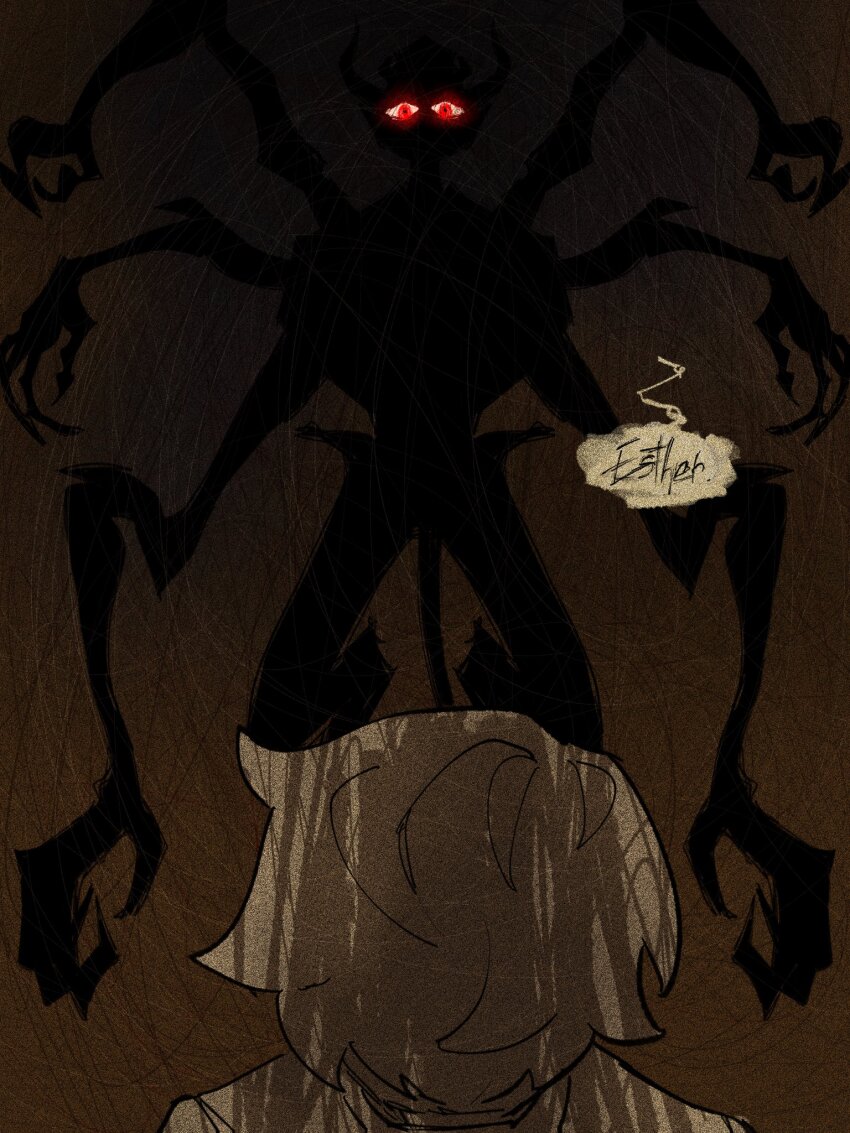 1boy, 1girl, abaddon_(demon)_(haunted_hotel), abaddon_(haunted_hotel), brown_background, claws, commentary_request, demon