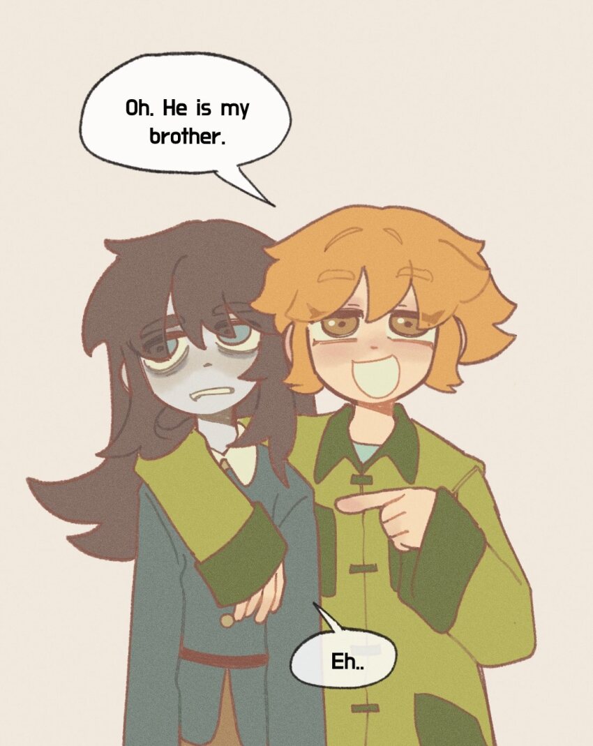 1boy, 1girl, abaddon_(haunted_hotel), abaddon_(human)_(haunted_hotel), arm_around_shoulder, bags_under_eyes, blue_coat, blue_eyes, brown_background, brown_eyes, brown_hair, coat, commentary_request, english_text, esther_freeling, ghostie1124, green_coat, haunted_hotel, highres, korean_commentary, long_hair, orange_hair, pale_skin, pointing, pointing_at_another, short_hair, simple_background, standing, upper_body