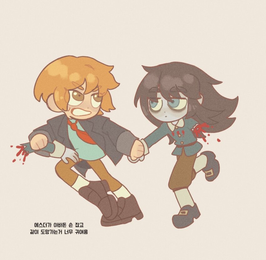 1boy, 1girl, abaddon_(haunted_hotel), abaddon_(human)_(haunted_hotel), bags_under_eyes, black_coat, bleeding, blood