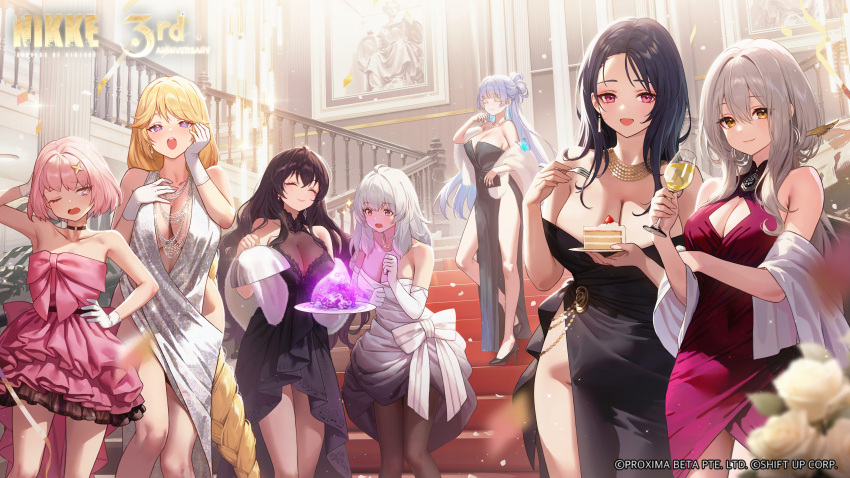 6+girls, absurdres, artist_request, breasts, cleavage, commentary, copyright_logo, copyright_name, dress, english_commentary, evening_gown, food, goddess_of_victory:_nikke, grey_hair, harran_(nikke), highres, inherit_(nikke), isabel_(nikke), logo, long_hair, multiple_girls, nayuta_(nikke), noah_(nikke), official_alternate_costume, official_art, pioneer_(nikke), rapunzel_(nikke), scarlet_(nikke), snow_white_(nikke)