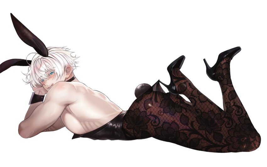 1boy, :d, animal_ears, black_choker, black_leotard, black_pantyhose, black_shoes, black_wrist_cuffs, blue_eyes, choker, colored_eyelashes, crossdressing, crossdressing_(mtf), gojo_satoru, hashtag-only_commentary, high_heels, highres, jujutsu_kaisen, lace, lace_pantyhose, lace_pantyhose_hooked_on_heel_(meme), leotard, looking_back, lying, male_focus, male_playboy_bunny, meme, naocturnall, on_stomach, open_mouth, pantyhose, pectorals, rabbit_ears, shoes, sidepec, simple_background, smile, solo, toned, toned_male, tongue, tongue_out, white_background, wrist_cuffs