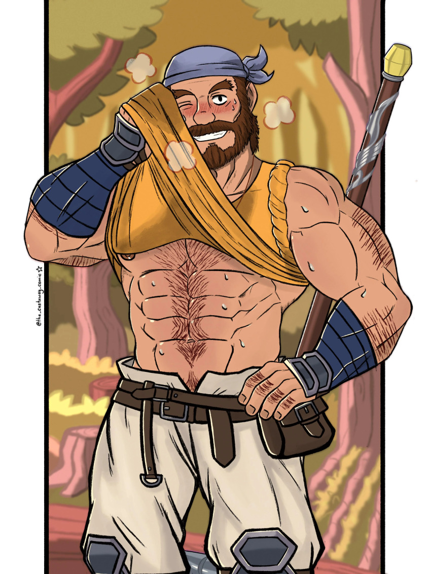 1boy, abs, absurdres, arm_hair, bandana, bara, bare_pectorals, beard